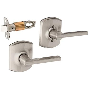 Imagem de Schlage Lock Company F10LAT619GRW Conjunto de maçanetas de porta de passagem de níquel acetinado com rosa decorativa Greenwich da série F