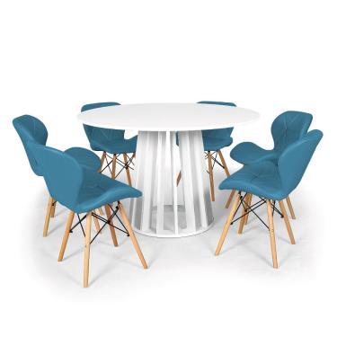 Imagem de Conjunto Mesa de Jantar Redonda Talia Branca 120cm com 6 Cadeiras Eiffel Slim - Turquesa
