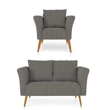 Imagem de Kit 01 Namoradeira 02 Lugares E 01 Poltrona Marilia Linho Pés Palito Castanho - D`rossi Cor A26 Grafite