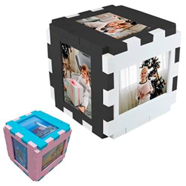 Imagem de Porta Retratos Cubo 6 Fotos Quadro Montar Quebra Cabeça (Azul e Rosa)