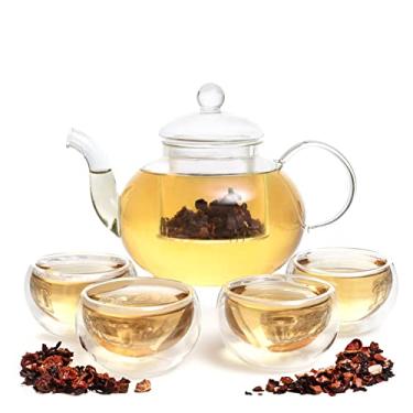 Imagem de Conjunto de 9 peças de infusor de chá de vidro, bule de chá de vidro borossilicato com filtro de vidro removível, tampas, 4 xícaras, base de aquecimento e vela. Da Moss & Stone.
