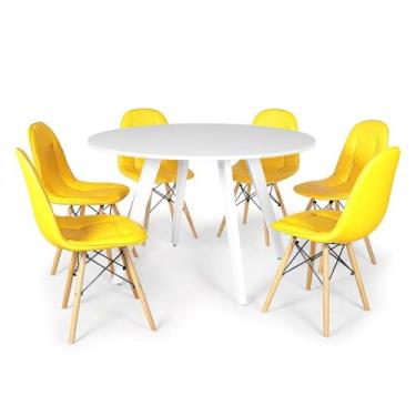 Imagem de Conjunto Mesa de Jantar Redonda Amanda Branca 120cm com 6 Cadeiras Eiffel Botonê - Amarelo