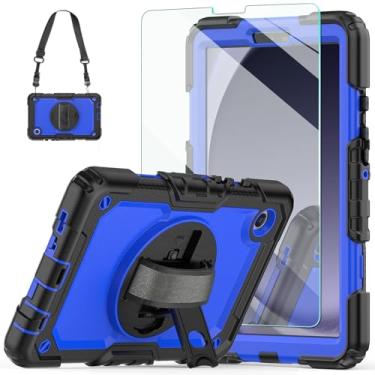 Imagem de Ambison Capa para Samsung Galaxy Tab A9 22.1 cm 2023 [à prova de crianças] Capa protetora de corpo inteiro com protetor de tela de vidro temperado 8,7H, suporte rotativo de 360° e alça de mão (azul)