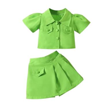 Imagem de BILIKEYU Conjunto de roupas de verão para meninas, botões, mangas bufantes, gola de lapela, blusas e saia plissada evasê, Verde, 3-4 Anos