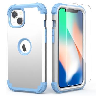 Imagem de IDweel Capa para iPhone 13 com protetor de tela (vidro temperado), híbrido 3 em 1 à prova de choque, resistente, capa de policarbonato rígido, de silicone macio, resistente, durável, amortecedor, capa inteira, prata/azul claro