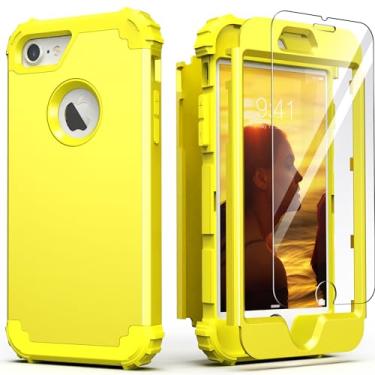 Imagem de IDweel Capa para iPhone 8 com protetor de tela (vidro temperado), capa para iPhone 7, capa 3 em 1 à prova de choque híbrida resistente de policarbonato rígido de silicone macio durável capa durável de corpo inteiro, amarelo