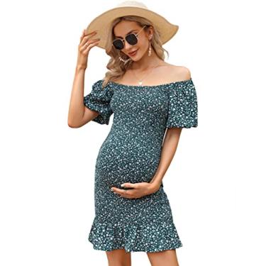 Imagem de FUNJULY Vestido feminino de maternidade com bainha com babados e decote quadrado, manga bufante, ombro de fora, vestido de verão para gestantes, Verde escuro, G