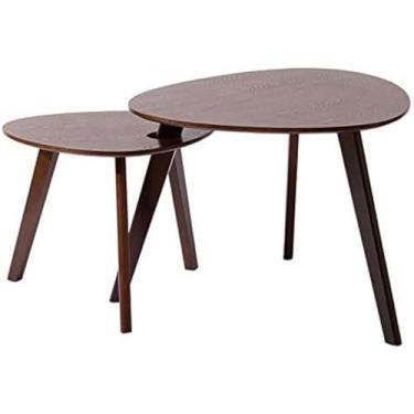 Imagem de Mesa de centro de três pernas de madeira maciça mesa de centro triangular mesa lateral criativa conjunto de 2 peças branco/cor de madeira maciça/cor de nogueira, marrom