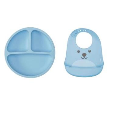 Imagem de Kit Alimentação em Silicone 3pçs Pratinho, Babador e Jogo Americano Silicone, Bebê Introdução Azul