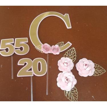 Imagem de Topo de Bolo Letra Inicial Rosa com Dourado Personalizado - MIWL ART