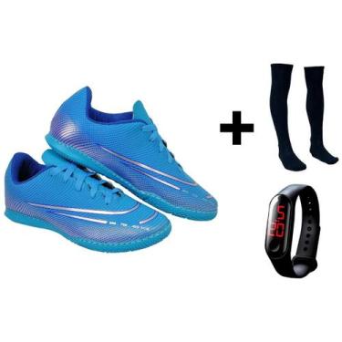 Imagem de Chuteira Futsal Adulto Juvenil Quadra Futebol Novo +  Meião + Relógio 