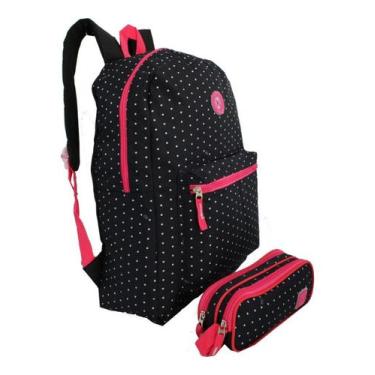 Imagem de Mochila Escolar Feminina Clio Preta Poá Bolinhas Brancas Top