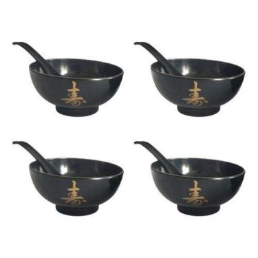 Imagem de Kit 4 Jogo Tigela Bowl Sopa Colher Gourmet Oriental Lengue Preto - Nih
