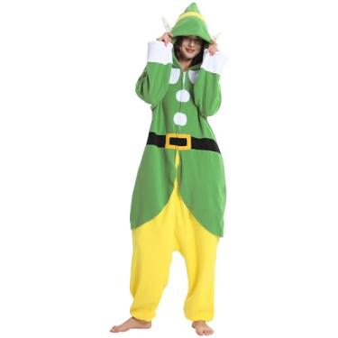 Imagem de LONULAIN Pijama unissex adulto de animal, feminino, masculino, flanela, anime, cosplay, fantasia, roupa de casa/roupa de dormir, Elfo verde, X-Large