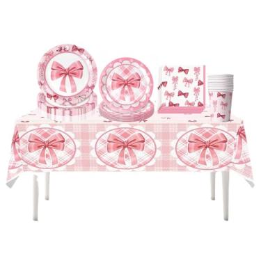 Imagem de Utensílios de mesa de festa com laço rosa, conjunto de louça descartável, pratos de papel descartáveis com tema de laço rosa, toalha de mesa descartável, guardanapos, copos de papel descartáveis,