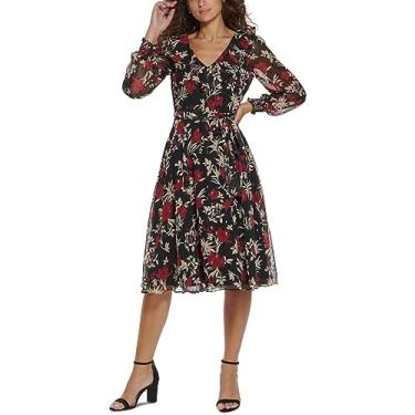 Imagem de Jessica Howard Vestido midi floral de chiffon com decote em V, Preto/vermelho, 46