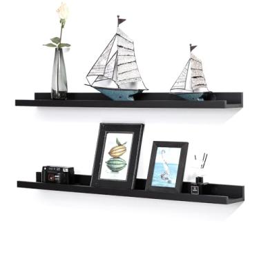 Imagem de Prateleiras flutuantes pretas de 91 cm para parede com borda de madeira, conjunto de 2 prateleiras de banheiro, organizador de prateleira para sala de estar, quarto, cozinha, decoração de parede