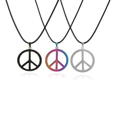 Imagem de COLORFUL BLING Colar de pingente hippie feito à mão ajustável com símbolo de paz de amor vintage corrente de corda de resina tecelagem, Metal, resina