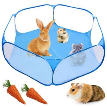 Imagem de Tenda de gaiola de animais pequena Kathson, Respirável e Transparente Reptiles Cage, Brinquedo de exercício dobrável Playpen Pop Aberto Externo/Interno Portátil Cerca com Brinquedos de mastigar para Guiné Porco Hamster Coelhos Gerbil (azul)