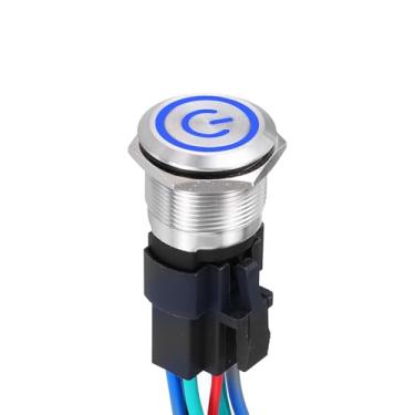 Imagem de DMiotech Interruptor de botão de travamento de aço inoxidável de 7/8 polegadas, cabeça chata, 15A, 12-24 V, concha prateada de 6 pinos com soquete de cabo, interruptor azul, LED 1NO1NC para sistemas