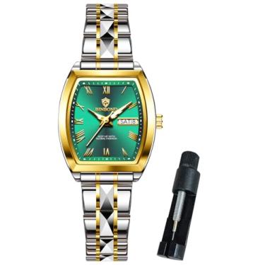 Imagem de BINBOND Relógio feminino quadrado, moderno, luxuoso, elegante, de aço inoxidável, relógio de pulso feminino, à prova d'água, luminoso, Relógio feminino verde dourado, relógios femininos