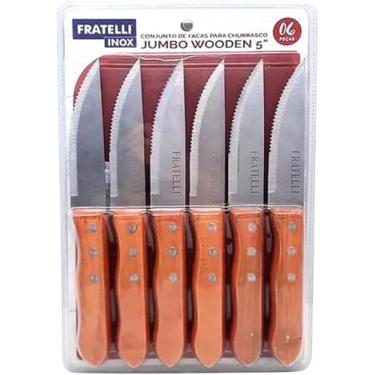 Imagem de Faqueiro Conjunto de Facas Inox para Churrasco, 6 Peças, Cabo de Madeira, 5 Polegadas Premium