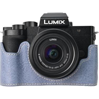 Imagem de Capa G100K, capa BMAOLLONGB feita à mão de couro PU meia câmera versão abertura inferior para Panasonic Lumix G100K com alça de pescoço (azul)