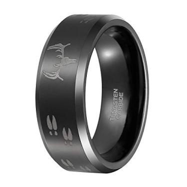 Imagem de Aliança de casamento masculina de carboneto de tungstênio com cabeça de veado gravada preta de 8 mm Tamanho 6-15, Metal, Sem pedra preciosa