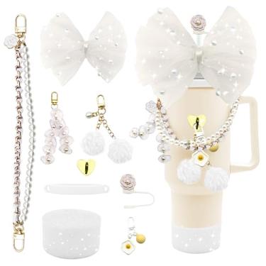 Imagem de Conjunto de acessórios de copo Pearl Stanley para copos de 40/850 g - Topo de palha com laço de malha, alça de alça de garrafa de água, capa de palha de flor, bota de glitter e pingentes fofos