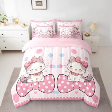 Imagem de Manfei Jogo de cama kawaii de gato solteiro em uma bolsa, 7 peças, conjunto de cama com laço rosa para crianças, desenho animado de gatinho (edredom + elástico + lençol de cima + 2 fronhas + 2 fronhas
