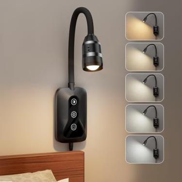 Imagem de HUAEU Lâmpada da lettura a parete com adaptador, luz da letra notturna, luce da lettura per libri a letto, 5 colori e luminosità dimmerabili, uscita tipo C, collo d'oca flessibile