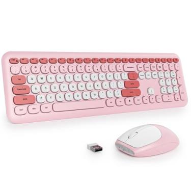 Imagem de Fogruaden Combo de teclado e mouse sem fio, máquina de escrever retrô colorida, teclado de tamanho completo com teclas redondas flexíveis, baixo ruído para uso doméstico e escritório, compatível com