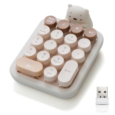 Imagem de Lindo teclado numérico sem fio com urso de silicone, teclas redondas coloridas, conexão sem fio USB 2,4G, teclado numérico portátil de contabilidade financeira, adequado para PC, laptop (MilkTea)