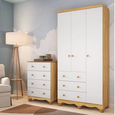 Imagem de Quarto Infantil Com Guarda Roupa 3 Portas e Cômoda 4 Gavetasmimo 100% Mdf Branco Brilho Amêndoa