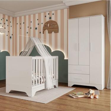 Imagem de Quarto De Bebê Com Guarda Roupa e Berço Minicama 100% Mdf Liam Branco Brilho