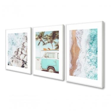 Imagem de Kit 3 Quadros Decorativos Praia Mar Kombi Boho Bege Azul 60x40 Vinil