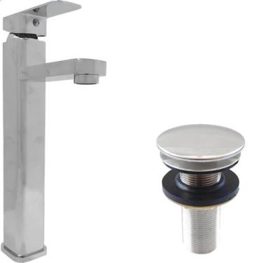 Imagem de Torneira Pia Banheiro Bica Alta Inox Cromado E Valvula Click  Kit Banh