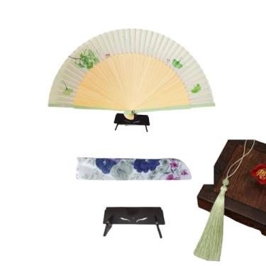 Imagem de Ventilador de mão dobrável portátil - Pequenos ventiladores de seda de bambu japoneses chineses vintage - para dança, apresentação, decoração, casamento, festa, presente (verde claro)