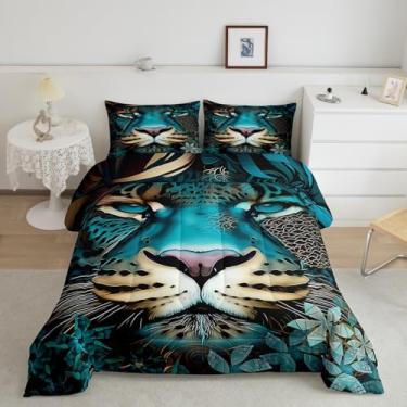 Imagem de Feelyou Conjunto de cama infantil de leopardo, estampa de guepardo, tamanho king, para decoração de quarto de meninos e meninas, animal selvagem, edredom azul safári, 3 peças