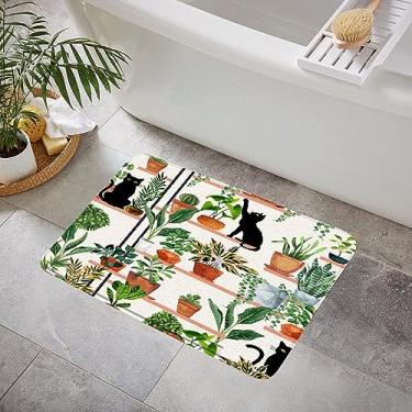 Imagem de YOZSLGU Plantas gato tapete de banho preto gatinho boho vaso folhas verdes botânico estética espuma memória tapete de casa de banho, tapete de cozinha, 17,8 x 29,5 polegadas