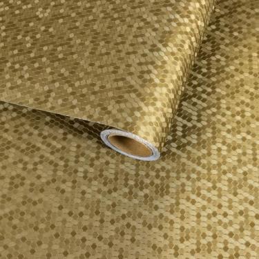 Imagem de VaryFloral Papel de parede hexagonal dourado metálico para cozinha banheiro texturizado moderno papel de contato geométrico para prateleira de armário descasque e cole papel de parede autoadesivo à