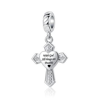 Imagem de QeenseKc Pingente de cruz com God All Things Are Possible Religious para pulseiras Pandora, Metal Strass Cristal, Cristal sintético,