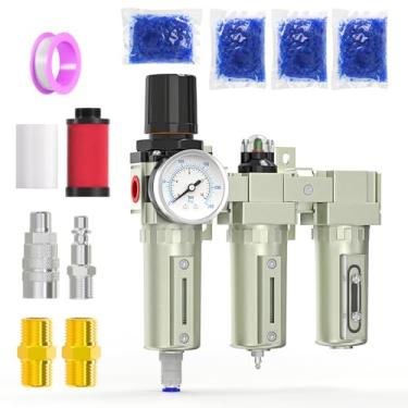 Imagem de MEANLIN Sistema de secagem a ar de 3 estágios NPT resistente de grau industrial de 3/4", drenagem automática, filtro coalescente, filtro de partículas, secador dessecante e regulador de ar para cortador de plasma e spray de tinta