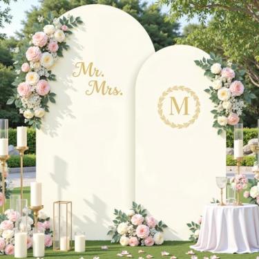 Imagem de Conjunto de 2 capas de fundo de arco de foto marfim marfim com 2 elastano de 7,2 e 1,8 m, cenário elástico, para festa de aniversário, chá de bebê, chá de panela, arcos de fundo