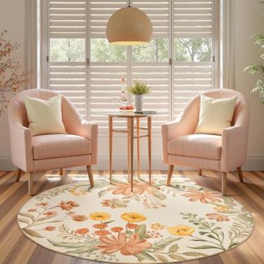 Imagem de jinchan Tapete redondo de verão floral de 1,8 m para quarto - Tapete de flores lavável macio antiderrapante círculo 1,8 m tapete redondo para sala de estar, entrada, sala de jantar, rosa coral em bege