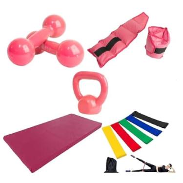 Imagem de Par Halter 1 Kg + Kettlebell 4 Kg + Par Caneleiras 2 Kg + Colchonete, Rosa + 5 Elásticos Multifuncionais Coloridos