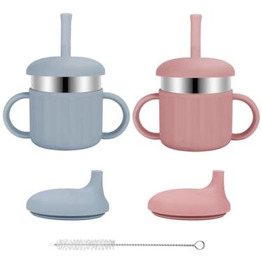 Imagem de EsOfficce Copos Com Canudo Para Bebês, 7,4 Oz, 3 Estágios De Treinamento, Crianças Pequenas 6 A 12 Meses E 1 Anos, Aço Inoxidável Infantil Canudos Silicone (Coral Azul)