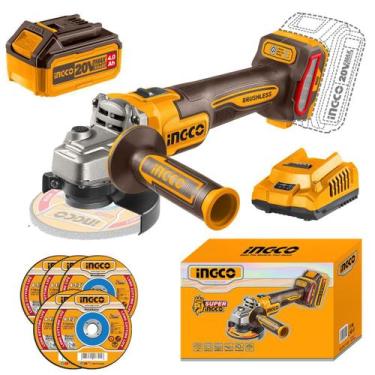 Imagem de Esmerilhadeira Angular INGCO 20V Sem Fio 4½ com Bateria 4.0Ah e Carreg