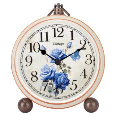 Imagem de Relógio de mesa clássico vintage - Relógio de mesa analógico de 13 cm, relógio silencioso sem tique-taque com moldura de metal envelhecido para escritório, sala de estar ou quarto (azul-rosa)