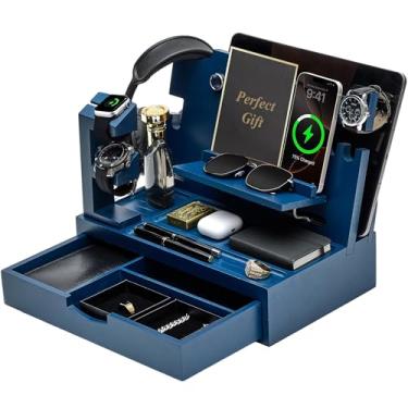 Imagem de KWYADLUO Organizador de mesa de cabeceira masculino com gaveta grande, presentes de aniversário para homens, base de telefone, organizador de cabeceira para mesa de cabeceira para Apple Watch, laptop